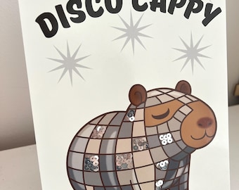 Disco Cappy A5 Kunstdruck - Handverziertes Pailletten Capybara Wandbild