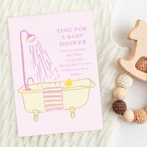 Modello di invito per baby shower con vasca da bagno / Tema per il bagno con paperella di gomma rosa e motivo costiero per bambina
