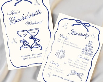 May include: Two white cards with blue borders and text. The top card has a blue ribbon and two champagne glasses. The text reads "Mea's Bachelorette Weekend" and "Brisbane, Australia April 25-27, 2025". The bottom card has a blue ribbon and a stack of champagne glasses. The text reads "Itinerary" and lists the events for a bachelorette weekend.