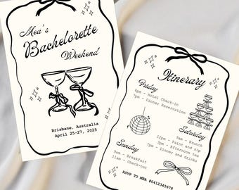 Cream Black Bow Bachelorette Invitation & Itinerary | Hens Weekend | Editable Canva Template | Instant Digital Download