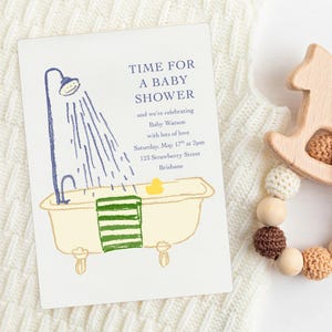 Modello di invito per baby shower in vasca da bagno / Tema bagno neutro con paperella di gomma costiera