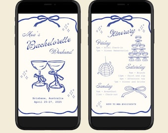 May include: A blue and white mobile phone screen displaying a bachelorette party invitation with the text "Mea's Bachelorette Weekend" and an itinerary for the weekend. The itinerary includes activities like brunch, paint and sip, afternoon tea, and dinner and drinks.
