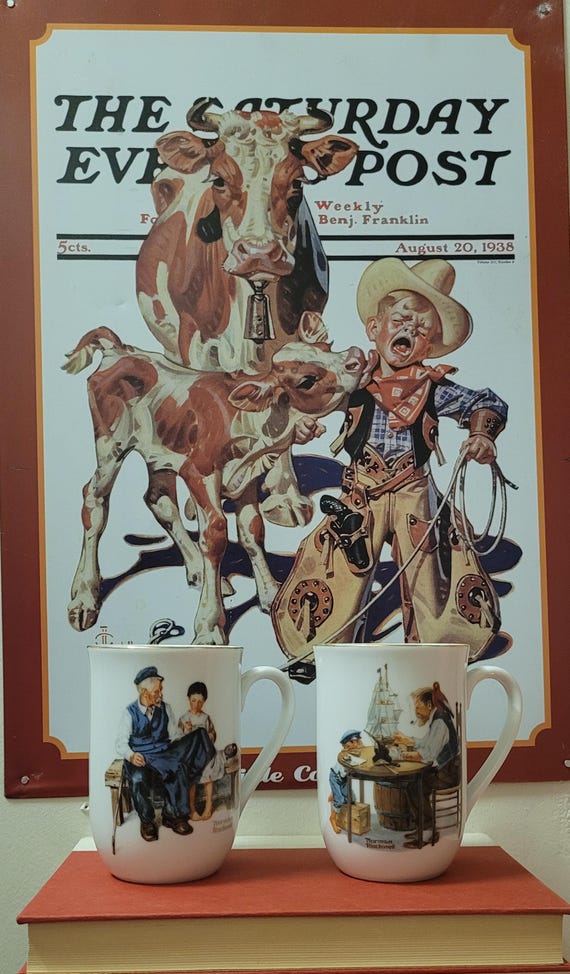 Vintage Norman Rockwell Ceramic Mugs: "For a Good Boy" & "Lighthouse Keeper's Daughter"