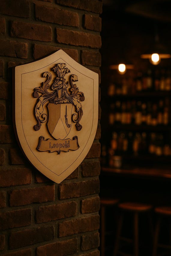 Exclusive Wooden Coat of Arms Plaque — Custom Heritage Crest, Logo, Shop, Business, or Family Sign