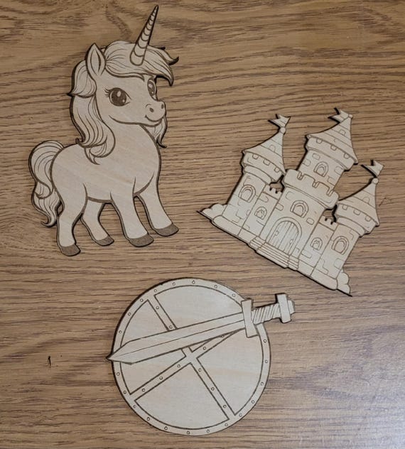 Medieval Fantasy Laser Engraved Wood Cutouts – Detailed Mythical Craft Shapes for DIY Projects