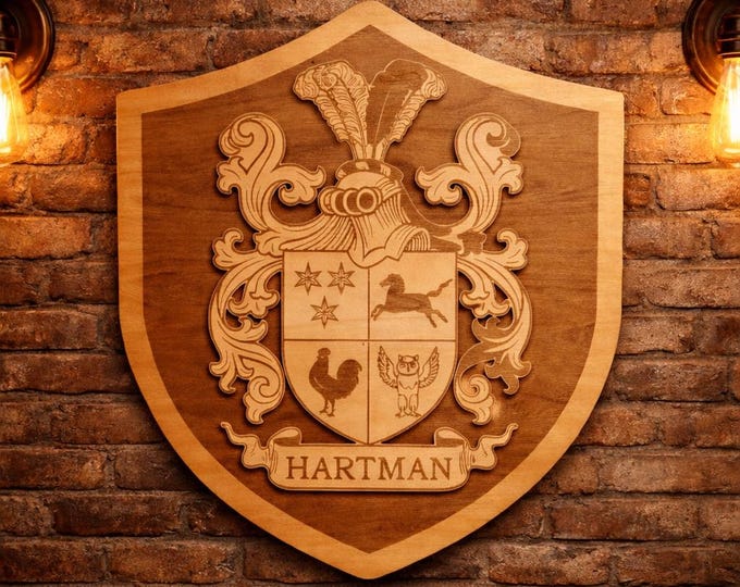 Personalized Family Crest Wood Plaque | Custom Coat of Arms Shield, Rustic Heritage Wall Decor