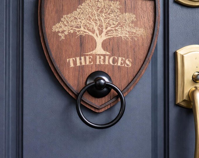 Family Emblem Door Knocker | Walnut & Acrylic | Custom Name and Est. Date | Decorative Entryway Accent