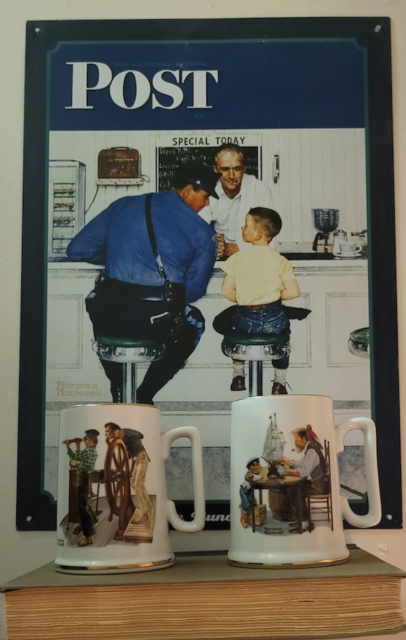 Vintage Norman Rockwell Ceramic Mugs: "For a Good Boy" & "River Plot"