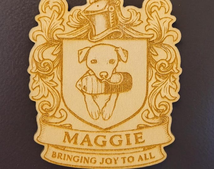 Custom Dog Magnet Gift | Personalized Pet Crest Coat of Arms in Wood