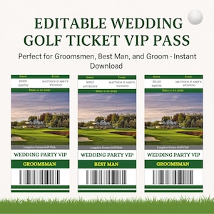 Billet de golf modifiable mariage VIP Pass - Garçons d'honneur, garçon d'honneur, marié - Modèle sur le thème Langdon Farms - Téléchargement immédiat