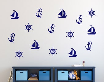 Nautical Set Wall Decals, Wheels, Boats and Anchor Wall Mural Stickers