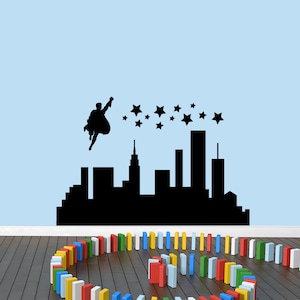 Superhero City Wall Decal, Superhero Skyline Wall Decor Mural Sticker, Select Your Size and Color