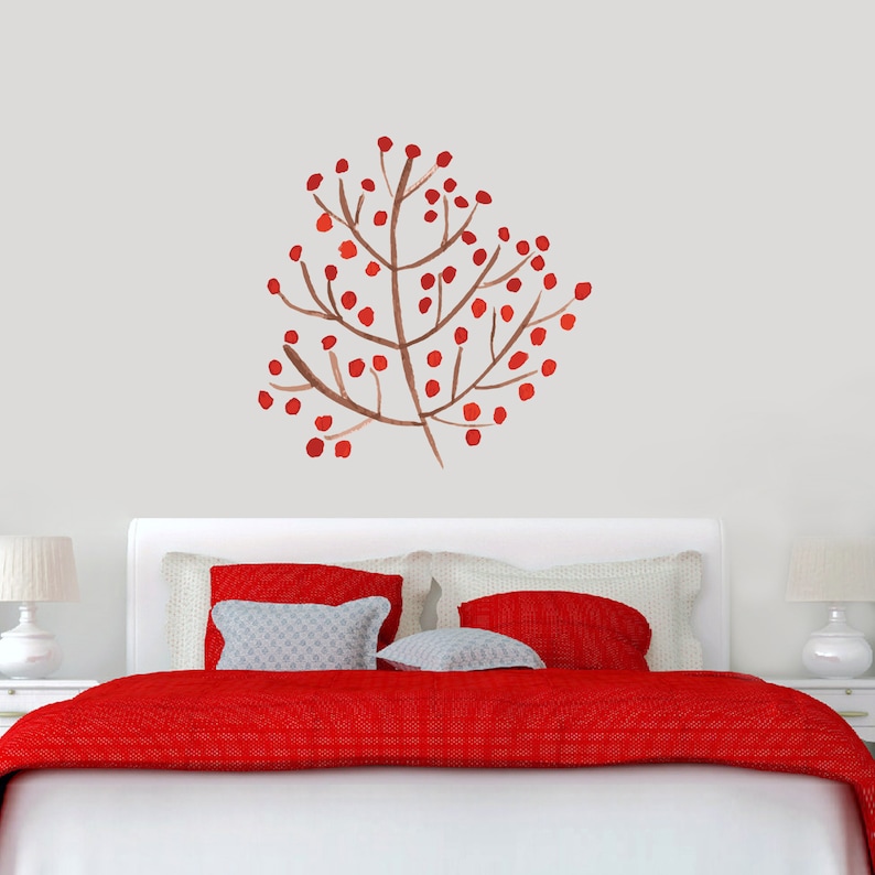 Red Berry Branch Wall Decal Printed Flowers Trees and Branches Wall Accents Vinyl Removable Wall Art Decals Stickers