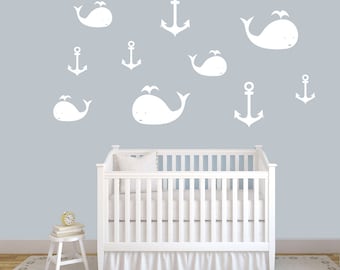 Whales and Anchors Wall Decals, Nursery Kids Room Bedroom, Beach Nautical Wall Mural