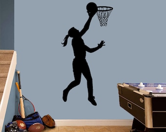 Basketball Girl Layup Decal, Sports Sticker Mural for Wall or Sign, Locker Room, Indoor/Outdoor