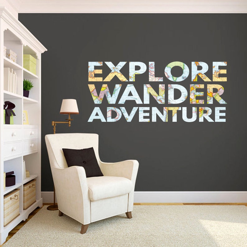 Explore Wander Adventure Wall Decal Travel Quote Map World Etsy