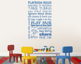 Play Room Rules Wall Decal, Playroom Quote for Sign or Wall, Indoor/Outdoor, Select Your Size and Color