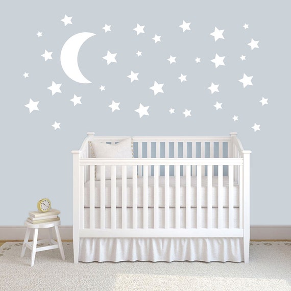 Moon And Stars Wall Decal Shapes Space Night Sky Nursery And Kids Bedroom Classroom Removable Wall Art Vinyl Wall Decal Stickers