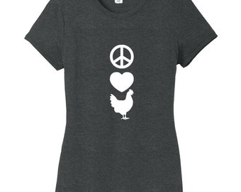 Peace Love Chickens Women's Fitted T-Shirt, Funny Farm Animal Shirts, Farm Life T-Shirts