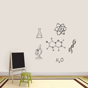 May include: A room with a chalkboard, a green stool, and a rug. The wall features black line drawings of scientific elements, including an atom, a microscope, a flask, a DNA strand, and a chemical structure, with the letters H2O.