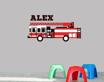 Custom Name Fire Truck Wall Decal Decorative Art Decor Sticker For Nursery Kids Teens Bedroom Playroom Classroom Select Your Size