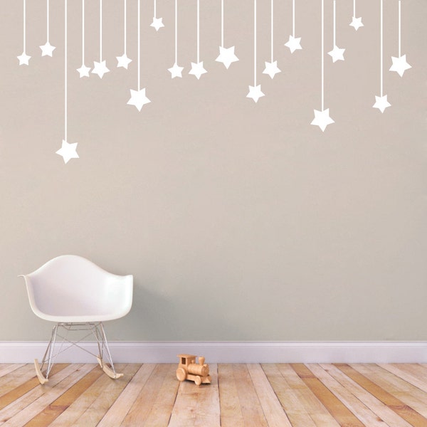 Mural de pared con estrellas colgantes para decoración de guardería celestial, adorables calcomanías de pared para dormitorio infantil