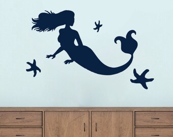 Mermaid and Starfish Wall Decal, Girls Bedroom, Bathroom or Beach House Wall Stickers