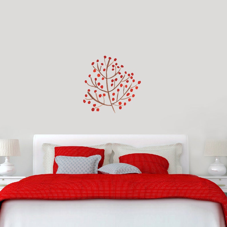 Red Berry Branch Wall Decal Printed Flowers Trees and Branches Wall Accents Vinyl Removable Wall Art Decals Stickers
