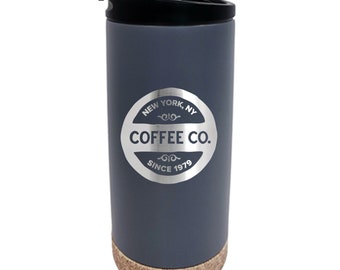 Custom Business Logo Engraved 16 oz. Stainless Faux Cork Bottom Tumbler, Personalized Drinkware in Black, White or Stone - Bulk Discounts!
