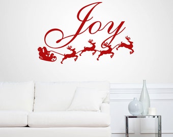 Joy Santa and His Reindeer Decal, Christmas Wall Sticker DIY, Holiday Decor