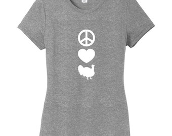 Peace Love Turkeys Women's Fitted T-Shirt, Funny Farm Animal Shirts, Animal Graphic Tees, Farm Life