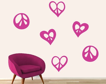 Peace Signs and Hearts Wall Decal Decorative Art Decor Sticker For Nursery Kids Teens Bedroom Dorm Office Select Your Size & Color