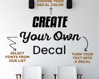 May include: White wall with the text "CREATE Your Own Decal". Instructions include choosing a color, selecting fonts, and turning text into a decal. Two white chairs are in the foreground.