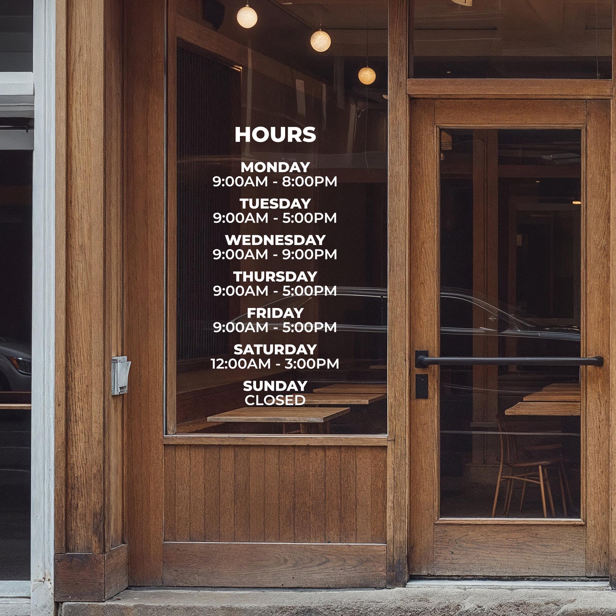 Custom Business Hours Decal for Window Door Indoor Outdoor Store Hours ...