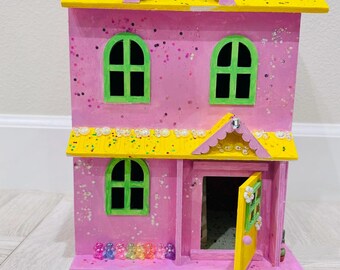 Maison de poupée de rêve - Maison de poupée en bois faite main avec poignée en cuir - Motif scintillant rose, jaune, vert et or