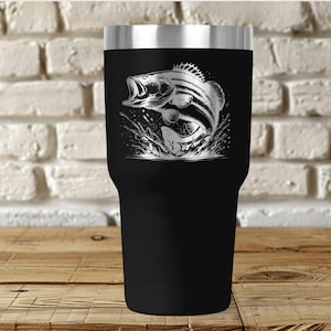 Bass Fishing Tumbler – 30oz Stainless Steel Laser Engraved Cup – Jumping Bass Design – Fisherman Gift, Outdoorsman Mug, Father&#39;s Day Cup