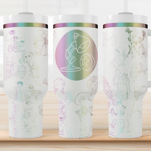 Pixar Character Tumbler | 40oz Laser Engraved Stanley Dupe Cup | Rainbow Plated Travel Mug with Handle & Straw | Gift for Disney Fans