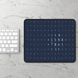 May include: A dark blue mouse pad with a grid of numbers from 0 to 9. The numbers are in a light blue color and are arranged in a random pattern.