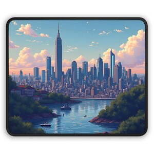 May include: A digital painting of a cityscape with a tall skyscraper in the center. The city is surrounded by water and trees. The sky is blue with white clouds.