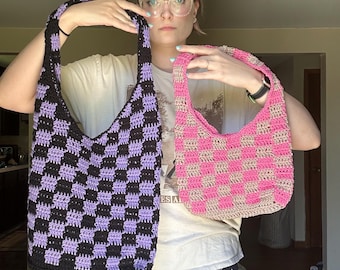 Bolso tote de hombro a cuadros de ganchillo
