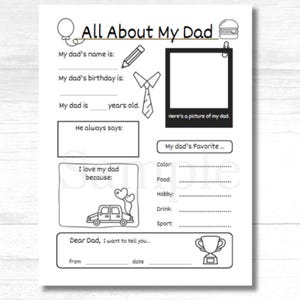 Todo sobre mi papá – Hoja de trabajo imprimible del Día del Padre para niños (A4 y Carta EE. UU., PDF + JPG)