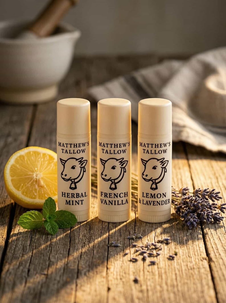 K&ouml;nnte beinhalten: Drei Lippenbalsam-Tuben mit der Aufschrift "Matthew's Tallow" und einem Kuh-Logo, in den Geschmacksrichtungen Herbal Mint, French Vanilla und Lemon & Lavender. Eine Zitronenh&auml;lfte, Minze und Lavendelzweige sind ebenfalls zu sehen.