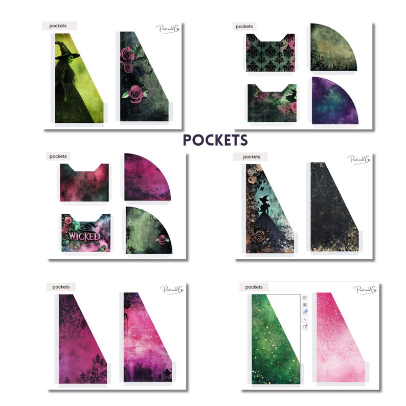 May include: Set of eight printable Halloween-themed pocket folders. The folders feature various designs including a witch, a silhouette of a woman in a dress, and a variety of floral and geometric patterns. The folders are in shades of green, purple, pink, and black.