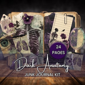 May include: A digital junk journal kit with 24 pages featuring vintage anatomical illustrations in shades of purple, black, and white. The kit includes images of skeletons, lungs, eyes, and other body parts. The text "Dark Anatomy Junk Journal Kit" is displayed on the front cover.