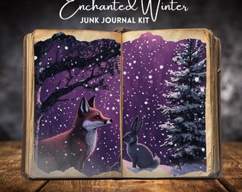 May include: An open book with a purple background and a fox and rabbit in a snowy forest. The book has the text "Enchanted Winter Junk Journal Kit" on the cover.