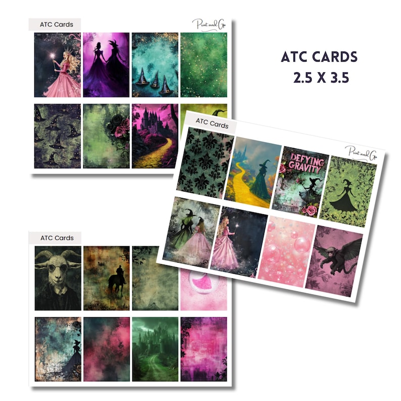 May include: A set of 12 printable ATC cards featuring whimsical illustrations with a magical theme. The cards are 2.5 inches by 3.5 inches and include images of witches, castles, and other fantasy elements.