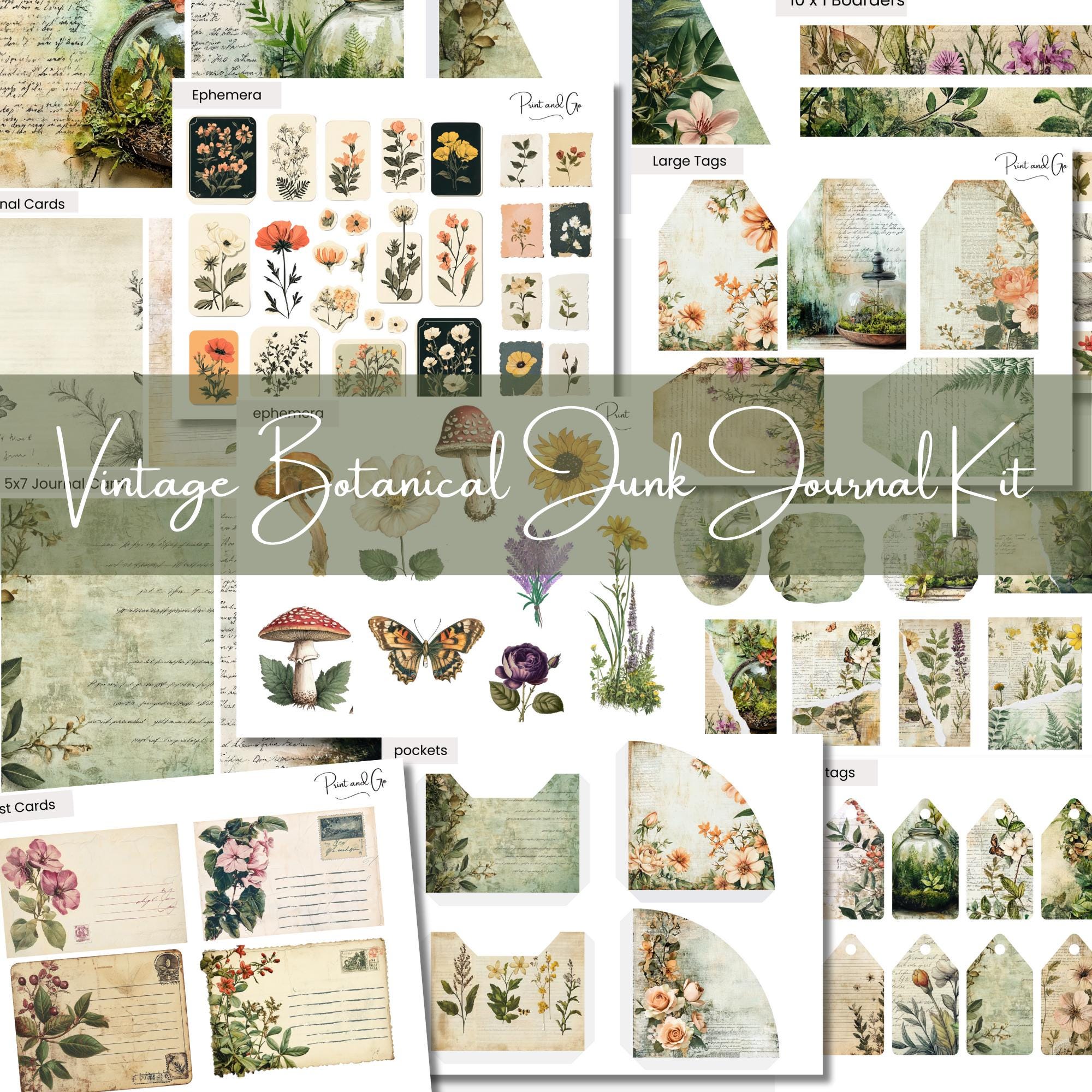 Botanical Garden Junk Journal Kit, Printable Vintage Ephemera, Digital ...