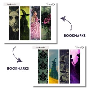May include: Set of printable bookmarks featuring illustrations of a witch, a princess, a ram, and a floral design. The bookmarks are labeled "bookmarks" and "Print and Go".