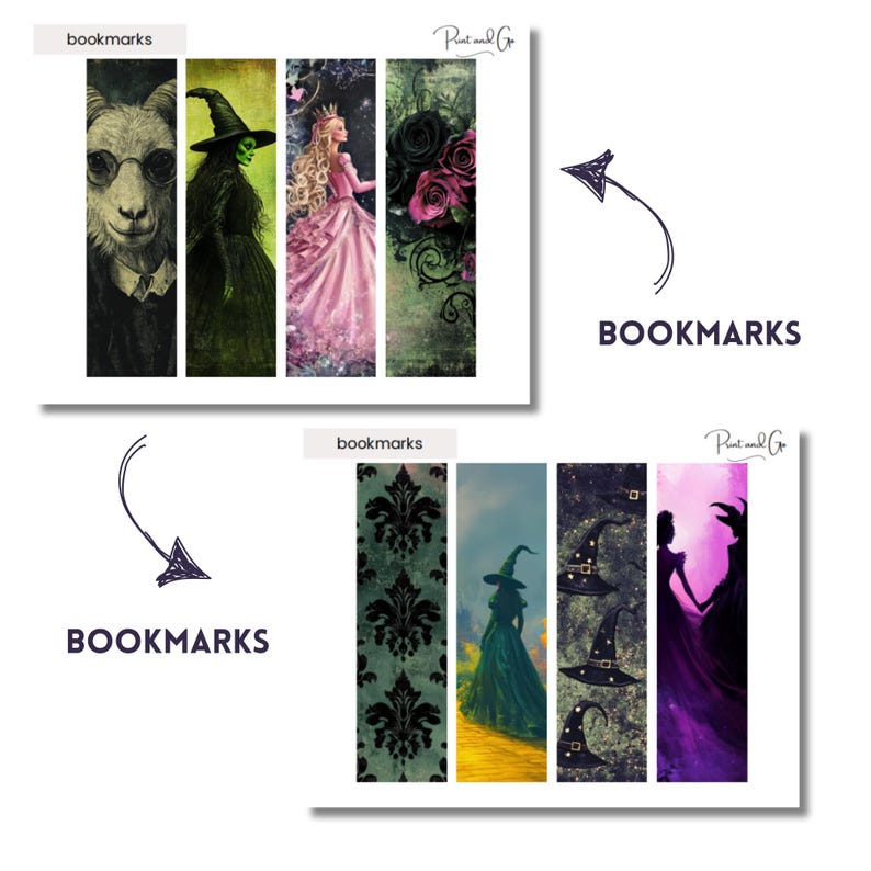 May include: Set of printable bookmarks featuring illustrations of a witch, a princess, a ram, and a floral design. The bookmarks are labeled "bookmarks" and "Print and Go".