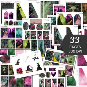 May include: A digital paper pack with 33 pages of printable designs featuring a witch, a yellow brick road, and a castle. The designs are in shades of green, pink, and black. The paper pack is 300 DPI.
